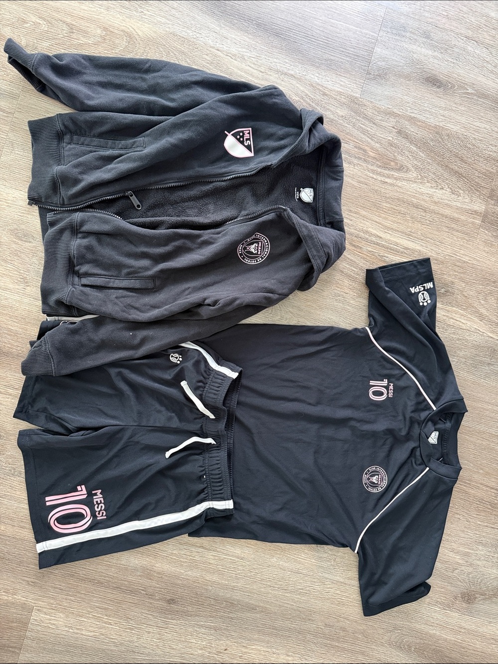 Kids Black Soccer Tee, Shorts & Zip Hoodie Set with Pink Accents